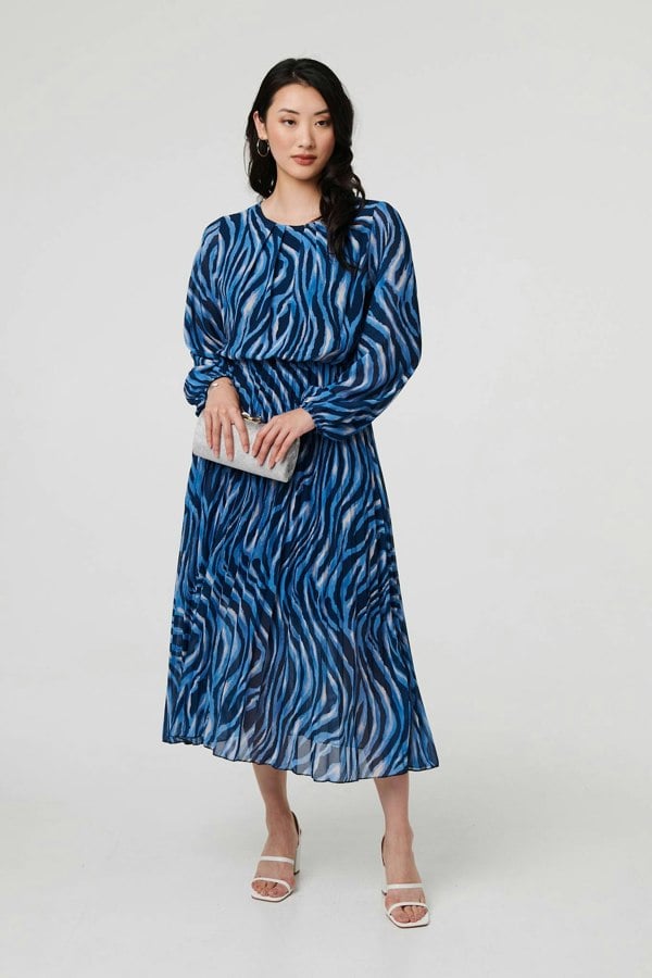 Blue | Animal Print Layered Pleated Midi Dress

