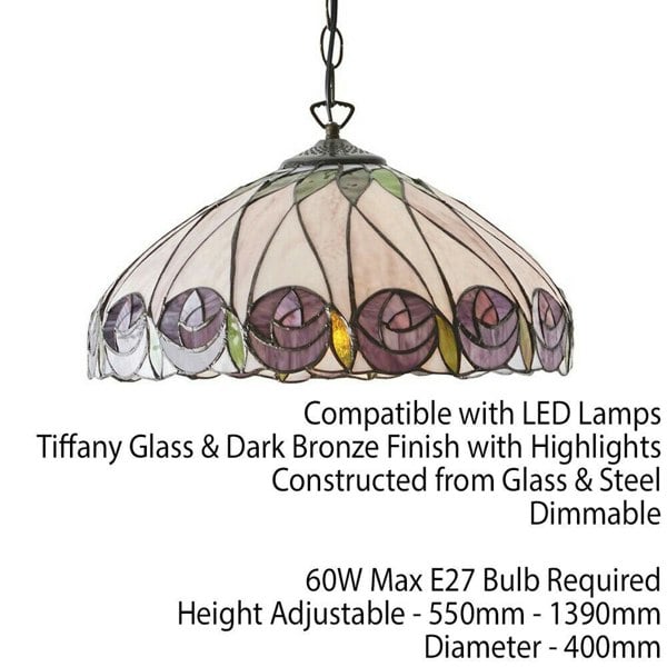 Tiffany Glass Hanging Ceiling Pendant Light Bronze & Round Rose Shade i00125 Loops