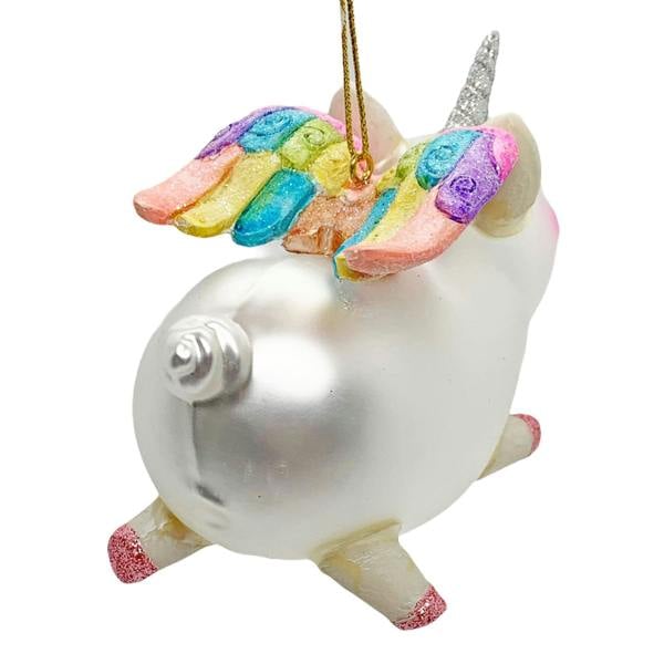 Ferncrest Trading Unicorn Pig Christmas Bauble Rainbow Winged Hanging Glass Decoration