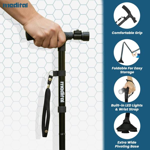 MEDITAL Folding Walking Stick with LED Light 84.5 - 94.5cm Adjustable Walking Cane - Foldable Walking Stick with Extra Wide Pivoting Base