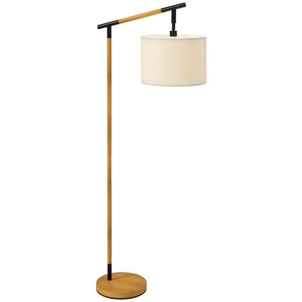 Brown metal floor lamp with fabric drum shade and black rotating support arm