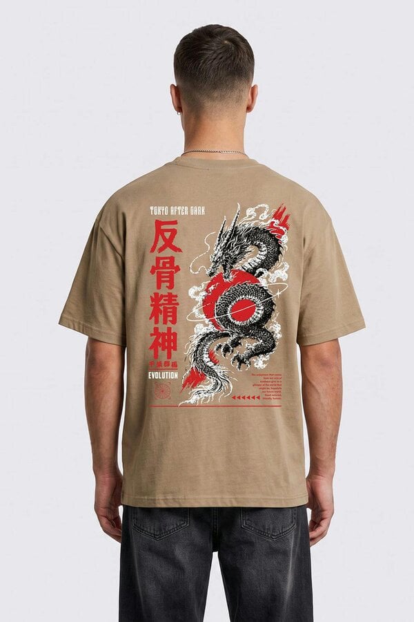 London Attitude Tokyo After Dark Dragon Oversized Heavyweight Graphic T-Shirt - Sand