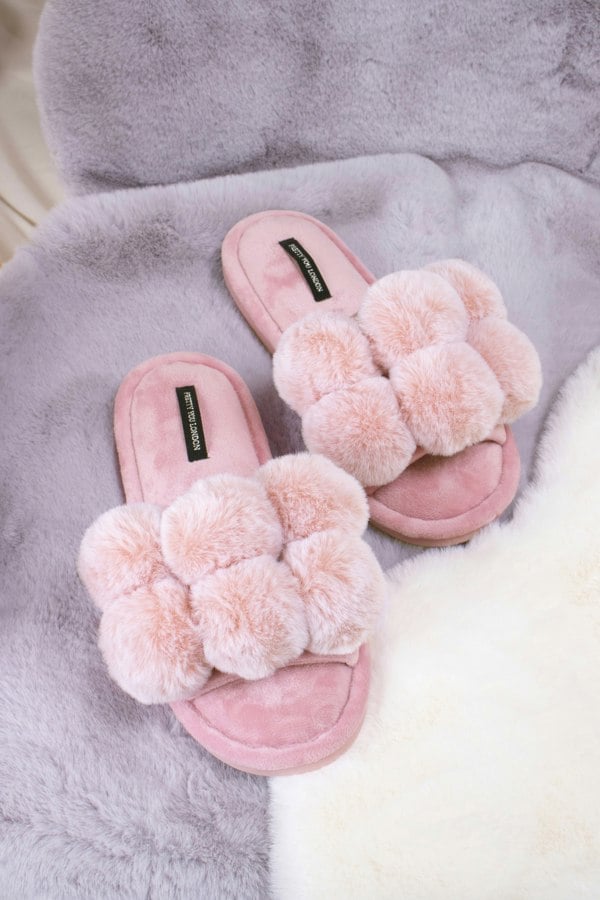 Pretty You London Women's Dolly Pom Pom Slippers in Pink
