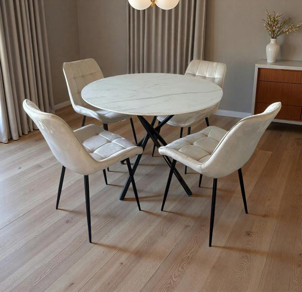 Outdoor Living Seattle Dining Table with 4 Erica Velvet Chairs - Cream