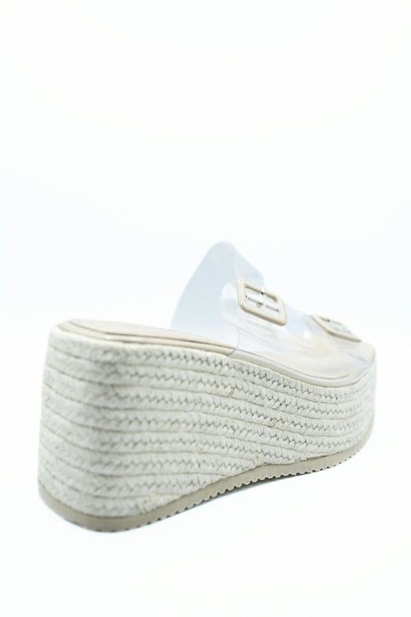 Edna Double Buckle Transparent Straps Slip On Wedge Heels - Beige