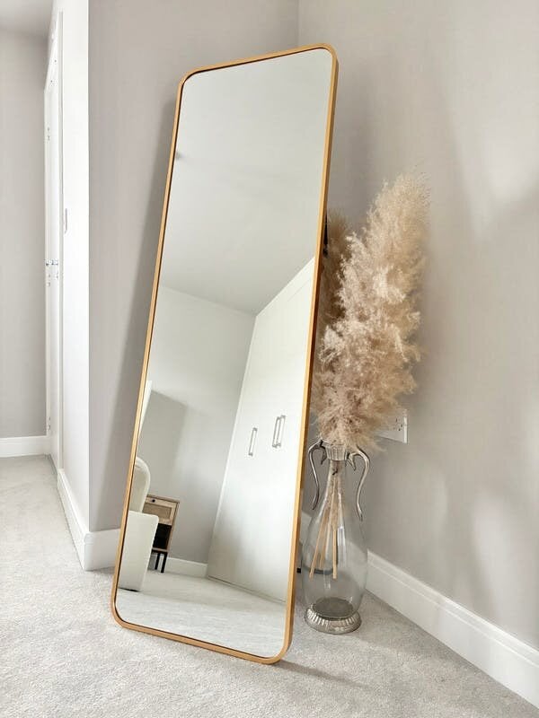 Downton Interiors Stunning Gold Rectangular Metal Frame Wall or Floor Standing Dressing Mirror 145cm x 45cm - Soho Collection