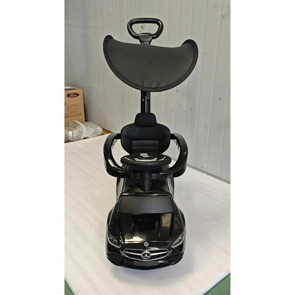 4 in 1 Licensed Benz Ride on Push Car with Handle, Canopy, Guardrails, Horn, Music, Storage for 12-36 Months, Black