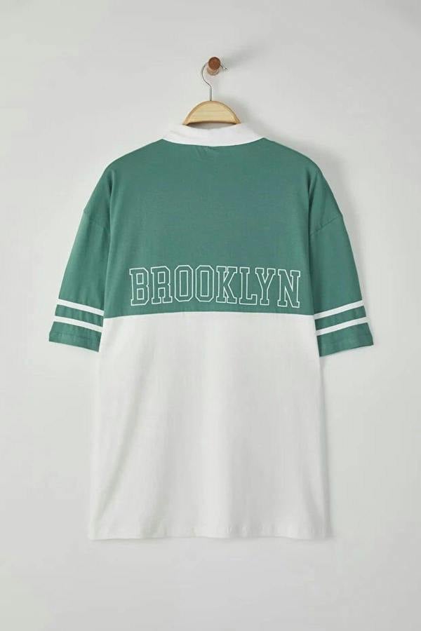 WOVCOR Oversize Color-Block Brooklyn Print Polo Neck Men's T-shirt