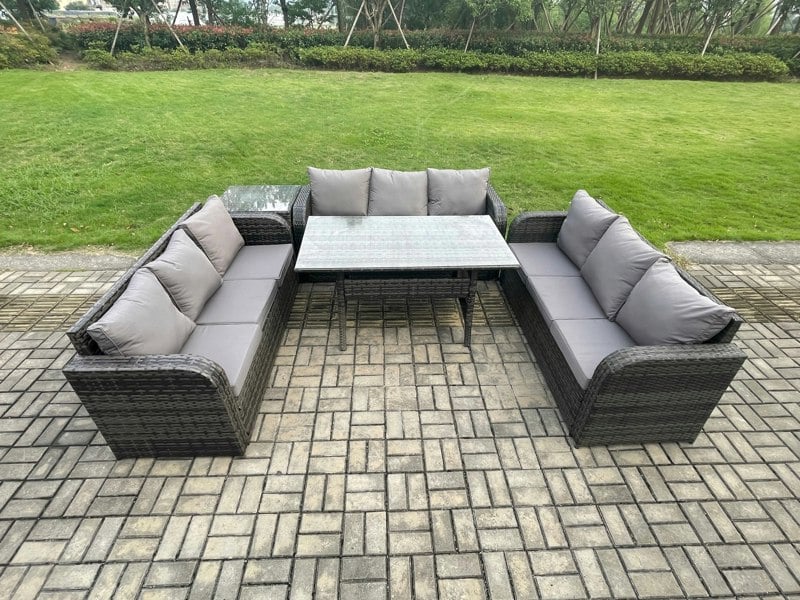 Fimous Rattan Garden Furniture Set with Oblong Rectangular Dining Table Side Table 9 Seater Outdoor Lounge Sofa Set Dark Grey Mixed