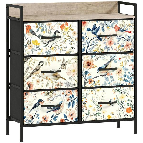 6-drawer chest of drawers with black frame and floral bird print drawer fronts