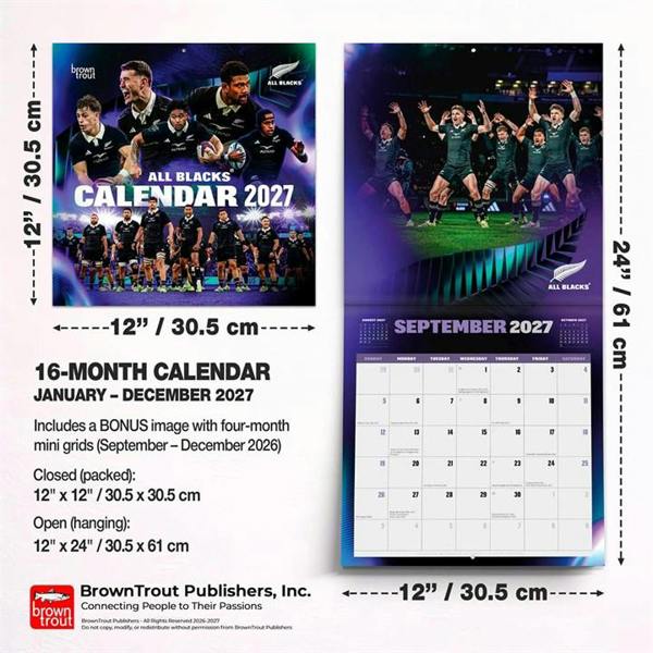 All Blacks Calendar 2027, Wall Calendars, Month To View, Sports, Gift