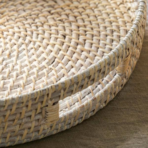 Close-up of the intricate hand-woven rattan and whitewash finish on the Seaview tray.