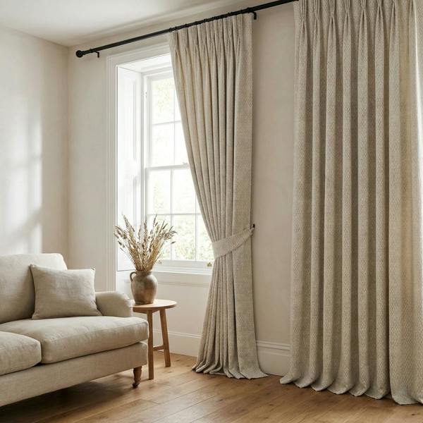 Faro made-to-measure curtains in Frost, styled in a living room