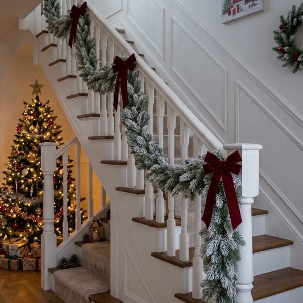 Garden Greatness Snowy Pine Red Bow Christmas Garland