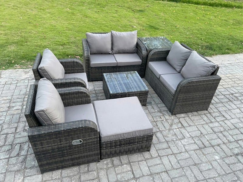 Fimous 7-Seater Rattan Garden Sofa Set - Dark Grey Mixed Outdoor Furniture with Square Coffee Table & Reclining Chairs