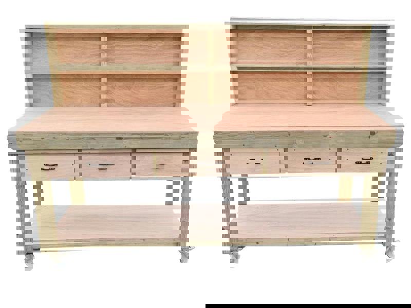 Wooden eucalyptus Top Workbench – Mobile Tool Cabinet with Drawers, Back Panel and wheels, Ideal for Dry Indoor Spaces Such as Garages, Workshops, and Studios.