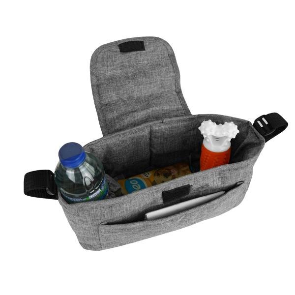 Grey pet jogger storage bag with compartments for water bottle, snacks, and toys, featuring a soft fabric and adjustable straps
