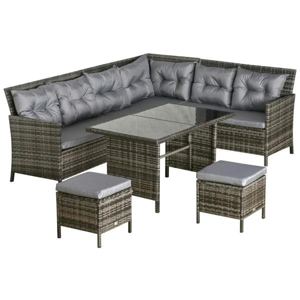 Grey outdoor patio wicker corner sofa set with tufted cushions and glass-top table