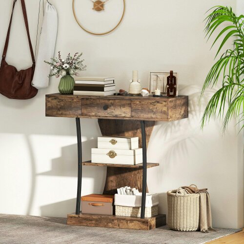 Wyld Haus Rasana Metal And Wooden Rustic Brown 3 Tier Console Table With Drawer And Shelves