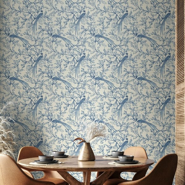 Hoopla Walls Bird Toile - Dark Denim 10m Wallpaper