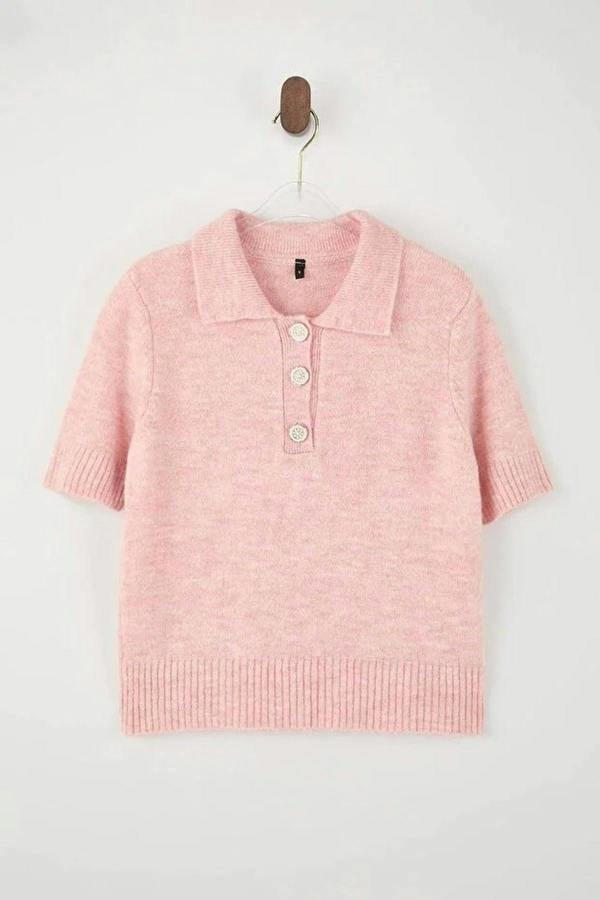 WOVCOR Polo Collar Soft Textured Knit Blouse with Stone Button Details