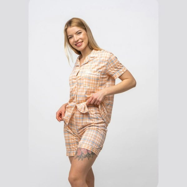 The Colourful Aura Orange and White Checkered Soft Cotton Night Suit Nightwear Women's Payjama Set