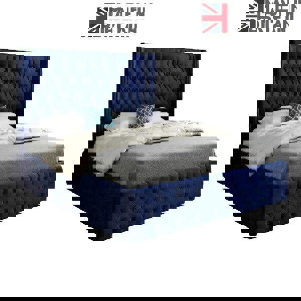 Casa Magna Turin Straight Winged Upholstered Soft Velvet Bed Frame - Blue