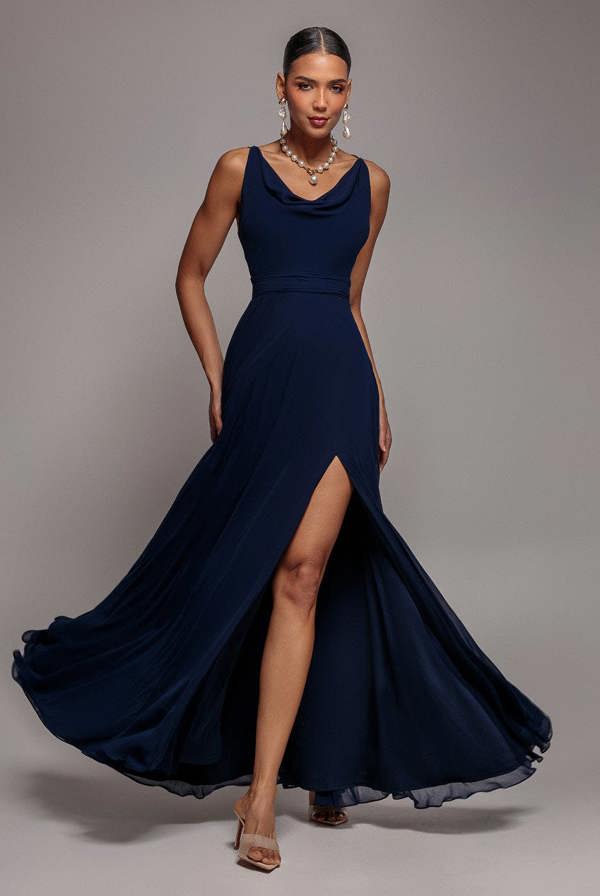 Chiffon Cowl Twisted Rope Strap Lace-up Flared Maxi Dress - Navy Blue DR4937