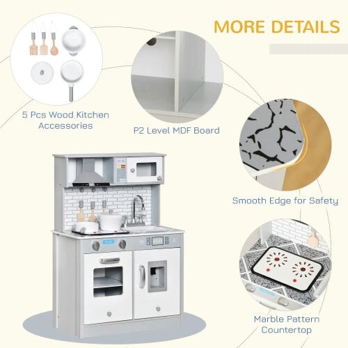 Bobobiy Kids Wooden Toy Kitchen Pretend Play Cooking Playset with Sound & Light Effect, Marble Pattern Countertop, for 3-6 Years Old