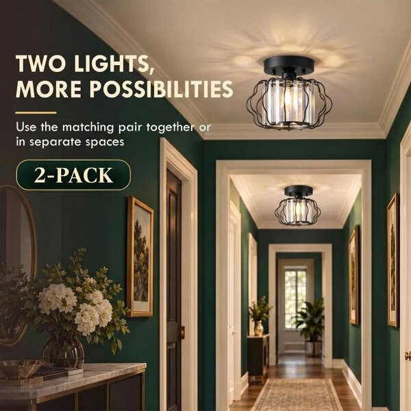 Crystal Ceiling Light Fixtures, Modern Semi-Flush Ceiling Lighting with Crystal Strips, 2 Pack, Black