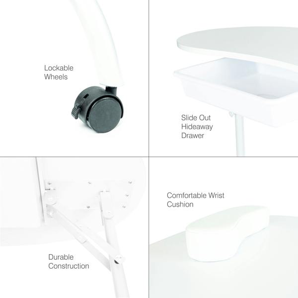A four-panel image displays the Rio Professional Manicure & Nail Beauticians Table, featuring a lockable wheel, slide-out hideaway drawer, durable hardware, and wrist cushion—ideal for nail technicians or any professional manicure setup.