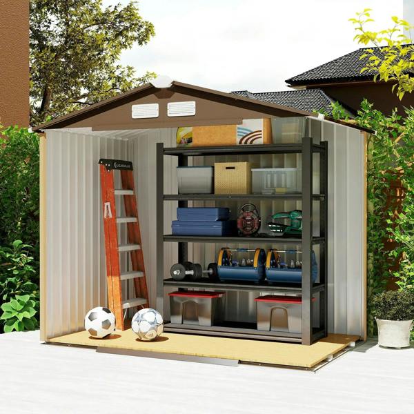 Light brown metal tool storage shed with open double doors and storage shelves