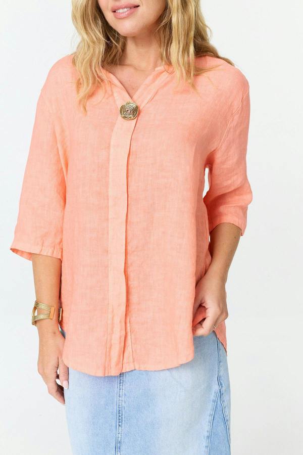Coral | Button Front 3/4 Sleeve Relaxed Blouse