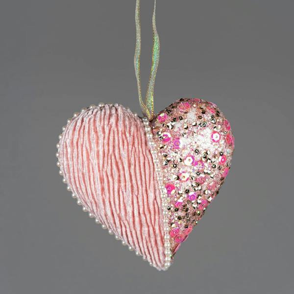 12cm Baby Pink Heart Christmas Hanging Decorations Set of 3 with Glitter, Pearls and Sequins image 3