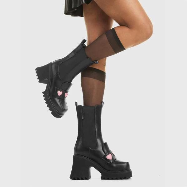 Lamoda Trustfund Black PU Pink Heart Platform Creeper Boots Trendy Statement