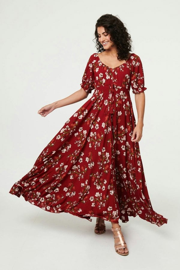 Red | Floral Bardot Shirred Empire Maxi Dress
