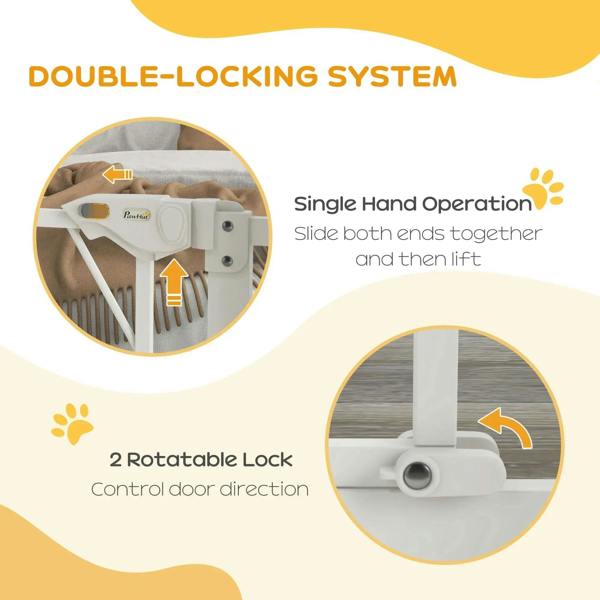 White double-locking stair gate with single-hand opening and rotatable lock parts