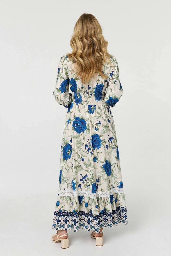 Green | Floral Tassel Tie Long Sleeve Maxi Dress
