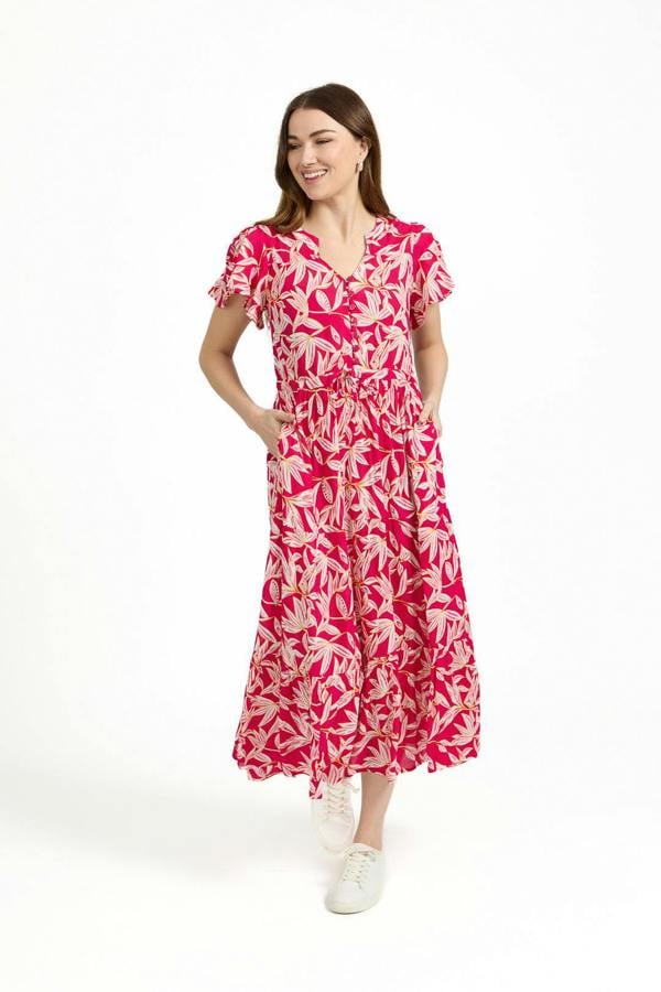 Mudflower Leaf Print Button-Up Elasticated Tie-Front Flared Midi Dress
