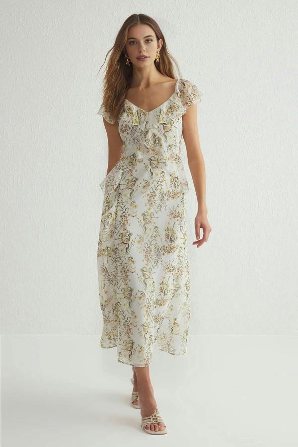 WOVCOR Floral Ruffled A-Line Chiffon Woven Maxi Dress