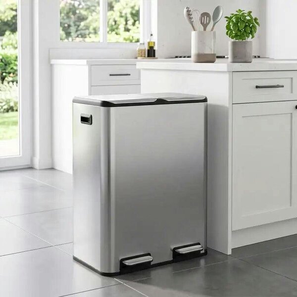 2 x 30L Double Kitchen Bin, Stainless Steel Pedal Rubbish Bin with Dual Compartments, Soft Close Lids, Silver Tone - Silver