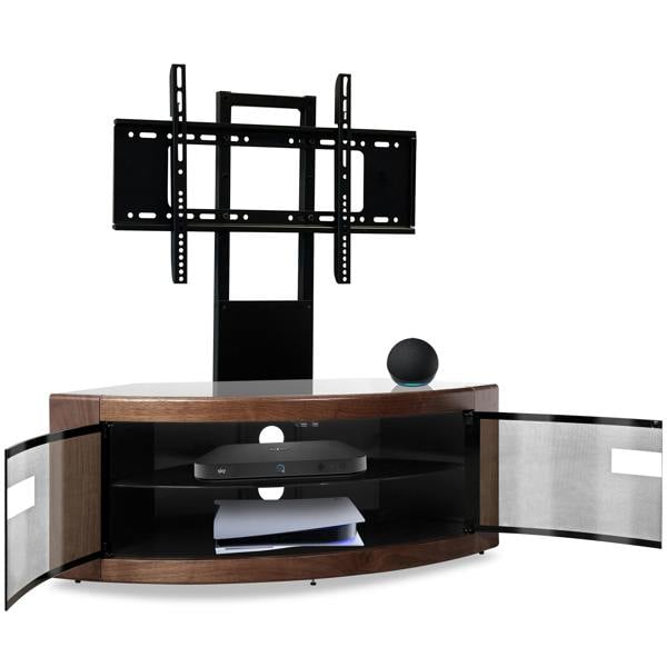 Homeology PANGEA Black/Walnut Beam-Thru Curved True-Corner 32"-50" TV Cabinet with Mounting Arm