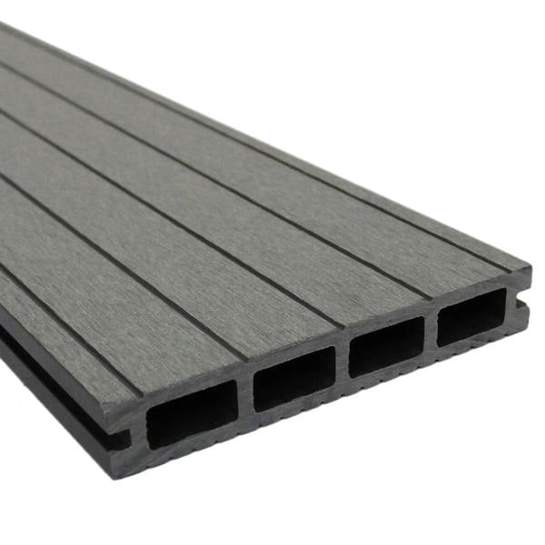 Jardí Composite Decking in Castle Grey, featuring a textured surface with grooves, ideal for outdoor spaces and durable construction