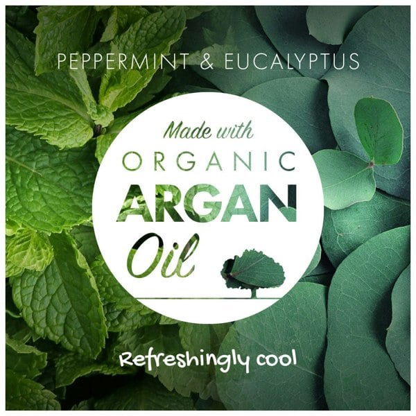 Eucalyptus and peppermint leaves with text - made with organic argan oil