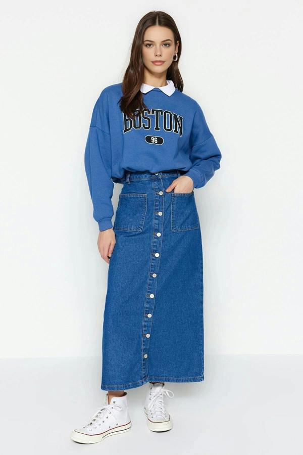 WOVCOR Double Pocket High Waist Maxi Denim Skirt with Button Detail