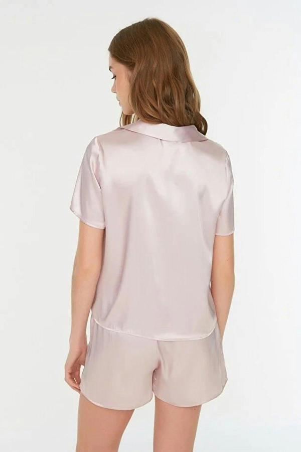 WOVCOR 2-Piece Woven Satin Pajama Set with Strawberry and Slogan Embroidery
