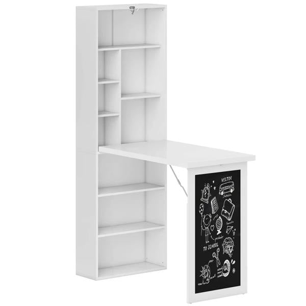 White fold-out work desk with open shelving and black chalkboard storage panel