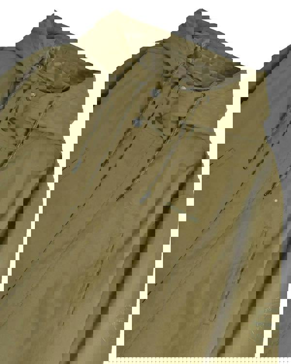 Lambretta RipStop Mens Waterproof Hooded Classic Badge Parka Coat, olive green waterproof jacket with hood and drawstrings, featuring front pockets and brand logo details.