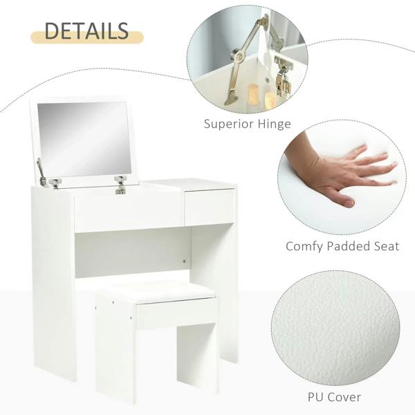White vanity table with flip-up mirror hinge and PU-covered padded stool