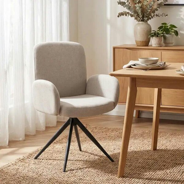 Swivel Accent Chair, Upholstered Linen-Look Armchair with Curved Backrest, Wrapped Armrests for Living Room, Light Brown
